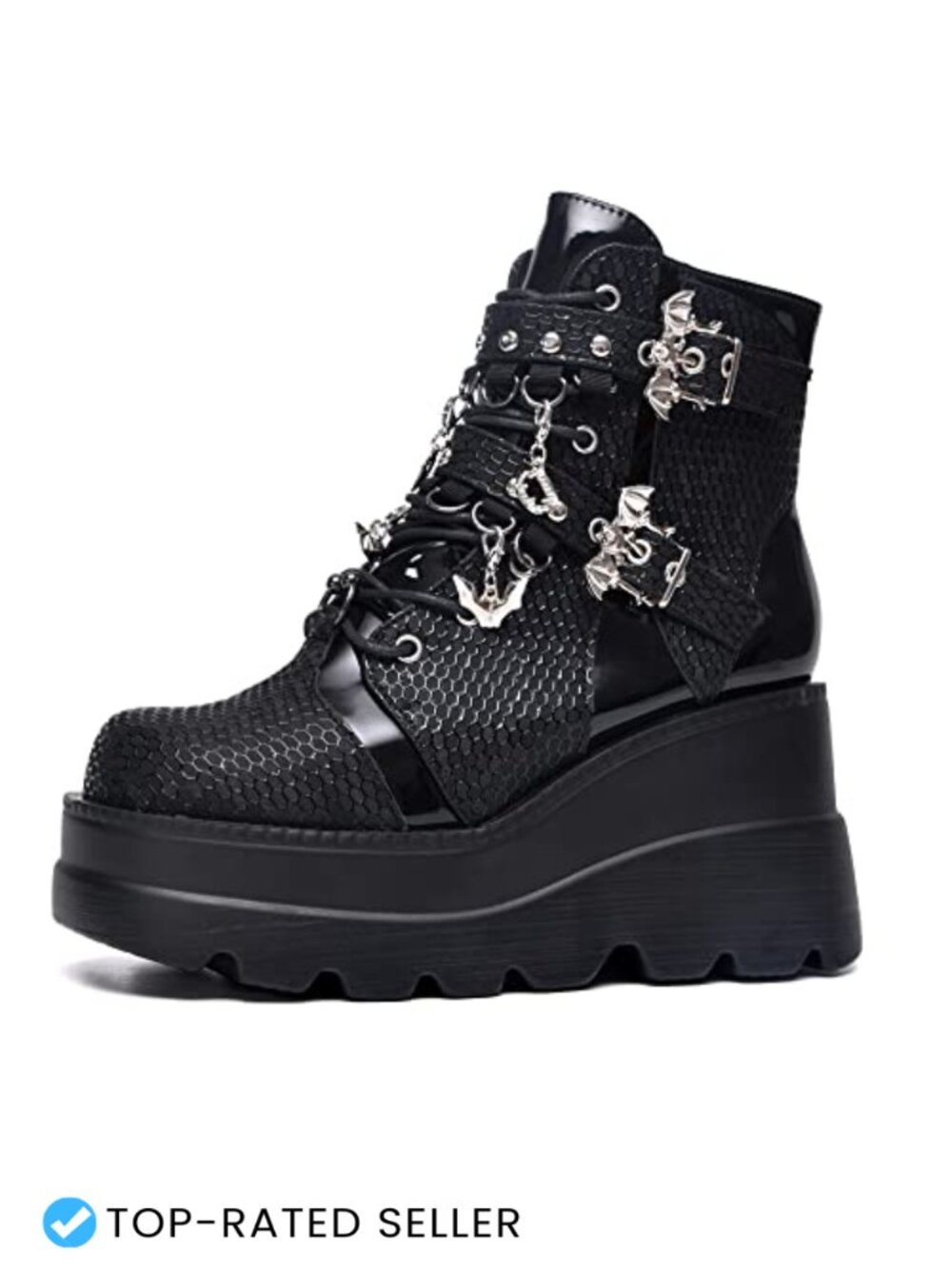 Goth Platform Ankle Boots Chunky Heel Side Zip Lace Up Wedge Booties w/ Fleece
